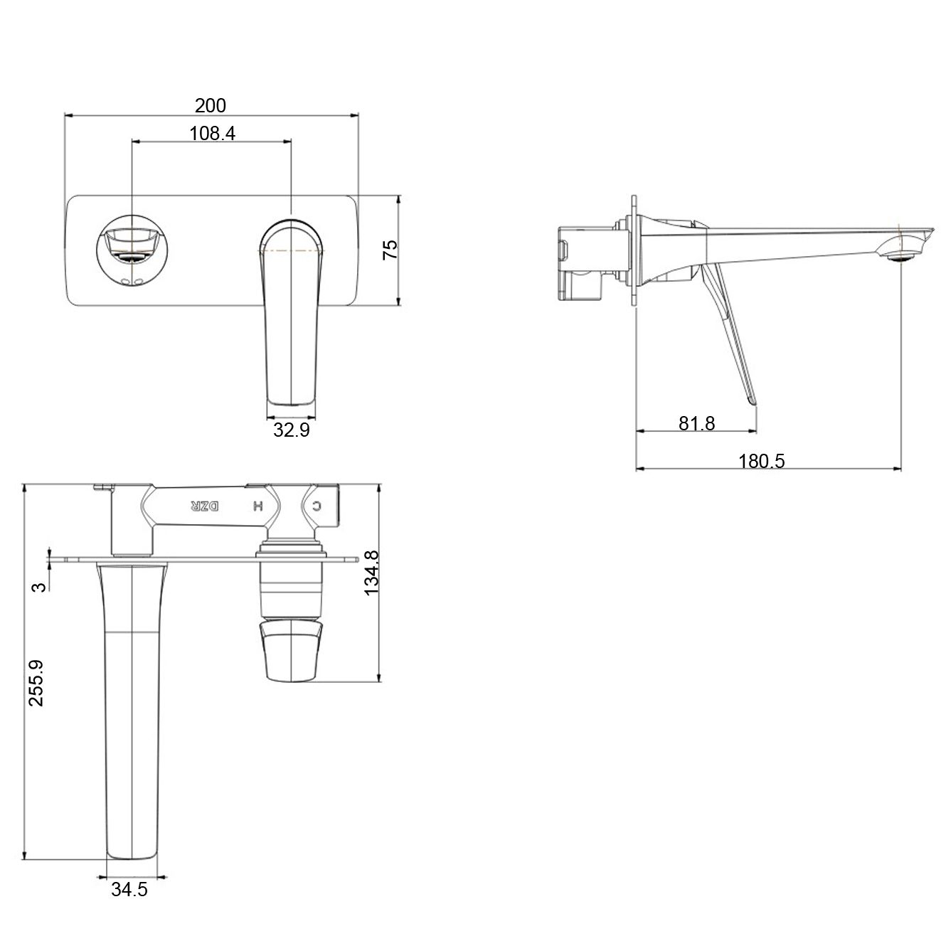 AU Square Black Bathtub/Basin Wall Mixer With Spout